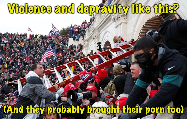 Qanon - Insurrection - Trump riot - sedition | Violence and depravity like this? (And they probably brought their porn too) | image tagged in qanon - insurrection - trump riot - sedition | made w/ Imgflip meme maker