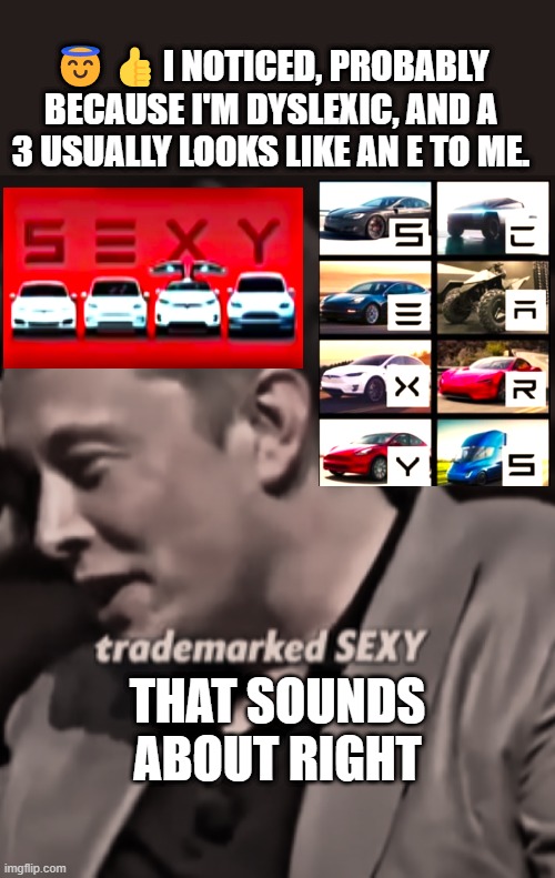 ELON MUSK | 😇👍I NOTICED, PROBABLY BECAUSE I'M DYSLEXIC, AND A 3 USUALLY LOOKS LIKE AN E TO ME. THAT SOUNDS ABOUT RIGHT | image tagged in elon musk,the man,tesla | made w/ Imgflip meme maker