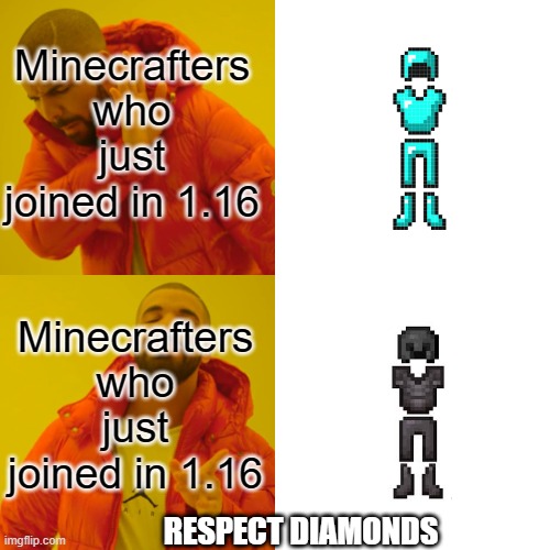 DIAMONDS ARE BACK! | Minecrafters who just joined in 1.16; Minecrafters who just joined in 1.16; RESPECT DIAMONDS | image tagged in memes,drake hotline bling | made w/ Imgflip meme maker