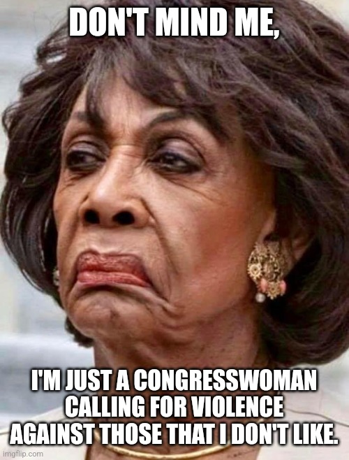Maxine Waters | DON'T MIND ME, I'M JUST A CONGRESSWOMAN CALLING FOR VIOLENCE AGAINST THOSE THAT I DON'T LIKE. | image tagged in maxine waters | made w/ Imgflip meme maker