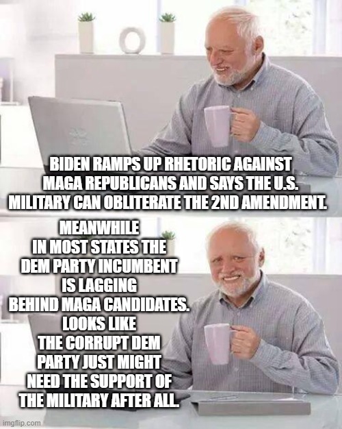 Basically the average citizen seems to have finally had enough of the increasingly insane AND authoritarian political Left. | MEANWHILE IN MOST STATES THE DEM PARTY INCUMBENT IS LAGGING BEHIND MAGA CANDIDATES. LOOKS LIKE THE CORRUPT DEM PARTY JUST MIGHT NEED THE SUPPORT OF THE MILITARY AFTER ALL. BIDEN RAMPS UP RHETORIC AGAINST MAGA REPUBLICANS AND SAYS THE U.S. MILITARY CAN OBLITERATE THE 2ND AMENDMENT. | image tagged in hide the pain harold | made w/ Imgflip meme maker