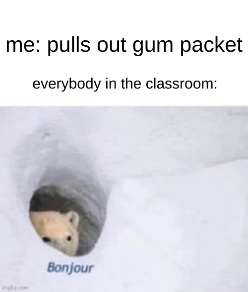 Fax | me: pulls out gum packet; everybody in the classroom: | image tagged in bonjour,funny | made w/ Imgflip meme maker