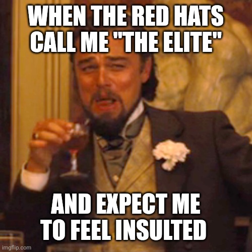 Maybe focus on improving yourselves and you won't be jealous of your superiors | WHEN THE RED HATS CALL ME "THE ELITE"; AND EXPECT ME TO FEEL INSULTED | image tagged in memes,laughing leo,scumbag republicans,terrorists,terrorism,white trash | made w/ Imgflip meme maker