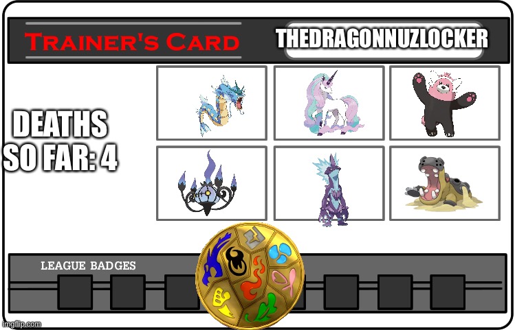 All 8 badges. To the league!!! | THEDRAGONNUZLOCKER; DEATHS SO FAR: 4 | image tagged in trainer card template one | made w/ Imgflip meme maker