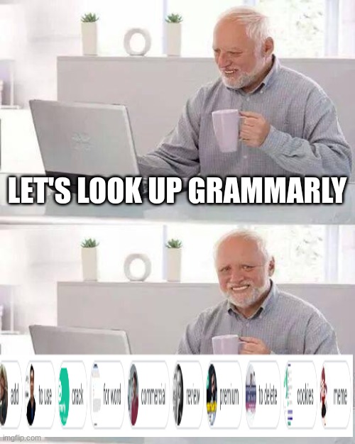 Wait... what | LET'S LOOK UP GRAMMARLY | image tagged in memes,hide the pain harold | made w/ Imgflip meme maker