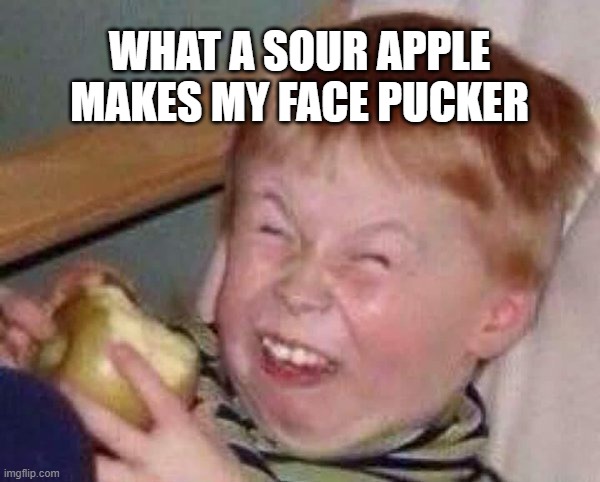 Apple eating kid | WHAT A SOUR APPLE
MAKES MY FACE PUCKER | image tagged in apple eating kid | made w/ Imgflip meme maker