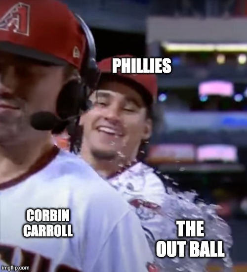 And Carroll does it again! | PHILLIES; CORBIN CARROLL; THE OUT BALL | image tagged in more post-game showers | made w/ Imgflip meme maker