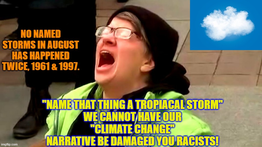 NO NAMED STORMS IN AUGUST HAS HAPPENED TWICE, 1961 & 1997. "NAME THAT THING A TROPIACAL STORM"
WE CANNOT HAVE OUR
 "CLIMATE CHANGE" 
NARRATIVE BE DAMAGED YOU RACISTS! | made w/ Imgflip meme maker