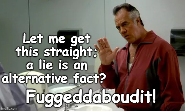 Paulie Walnuts:  a lie is an alternative fact | Let me get this straight; a lie is an alternative fact? Fuggeddaboudit! | image tagged in paulie walnuts sopranos mafia gangsters,alternative fact,humor,funny,sopranos,fuggedaboutit | made w/ Imgflip meme maker