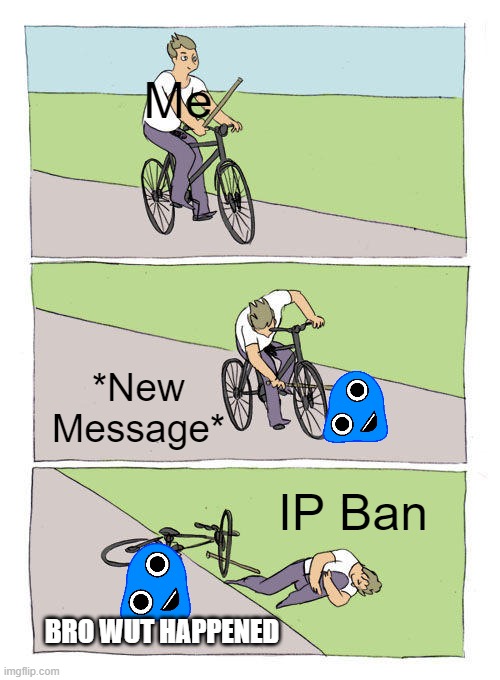 Sabotage | Me; *New Message*; IP Ban; BRO WUT HAPPENED | image tagged in memes,bike fall,scratch,mr blobby | made w/ Imgflip meme maker