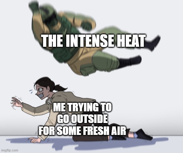 free epic Schuxen | THE INTENSE HEAT; ME TRYING TO GO OUTSIDE FOR SOME FRESH AIR | image tagged in rainbow six - fuze the hostage | made w/ Imgflip meme maker