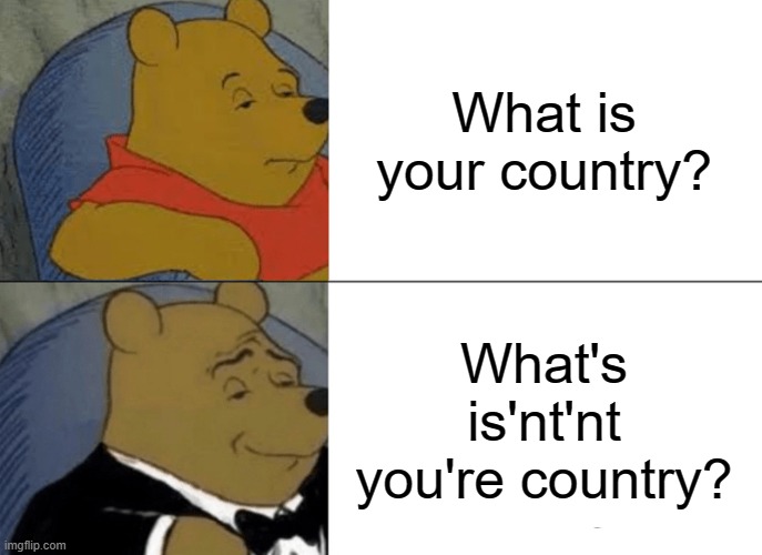 Wow | What is your country? What's is'nt'nt you're country? | image tagged in memes,tuxedo winnie the pooh | made w/ Imgflip meme maker