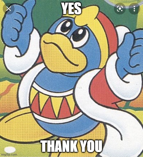 King Dedede thumbs up | YES THANK YOU | image tagged in king dedede thumbs up | made w/ Imgflip meme maker