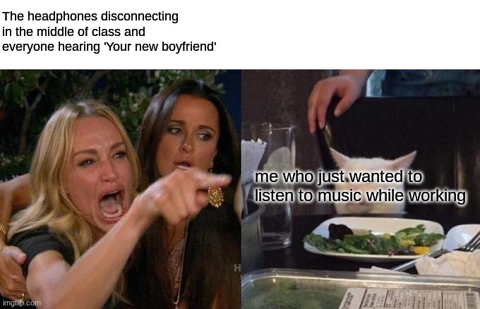 Woman Yelling At Cat Meme | The headphones disconnecting in the middle of class and everyone hearing 'Your new boyfriend'; me who just wanted to listen to music while working | image tagged in memes,woman yelling at cat | made w/ Imgflip meme maker