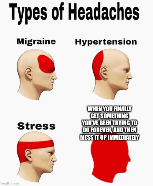Headaches | WHEN YOU FINALLY GET SOMETHING YOU'VE BEEN TRYING TO DO FOREVER, AND THEN MESS IT UP IMMEDIATELY | image tagged in headaches | made w/ Imgflip meme maker