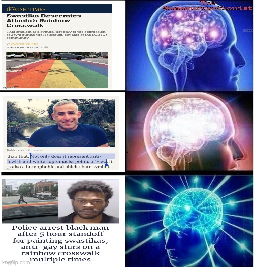 Black White Supremacist Hate Crime | image tagged in expanding brain 3 panels,hate crime,lgbtq | made w/ Imgflip meme maker