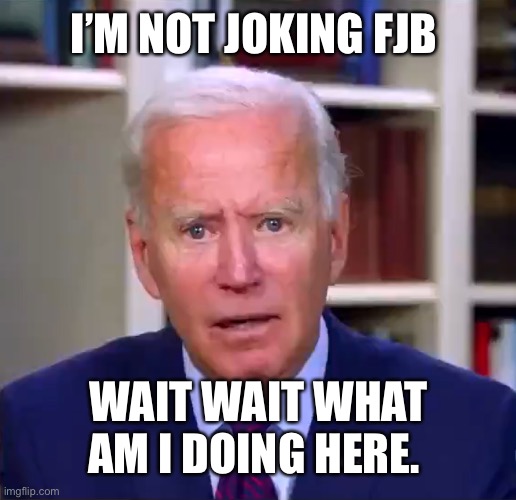 Slow Joe Biden Dementia Face | I’M NOT JOKING FJB; WAIT WAIT WHAT AM I DOING HERE. | image tagged in slow joe biden dementia face | made w/ Imgflip meme maker