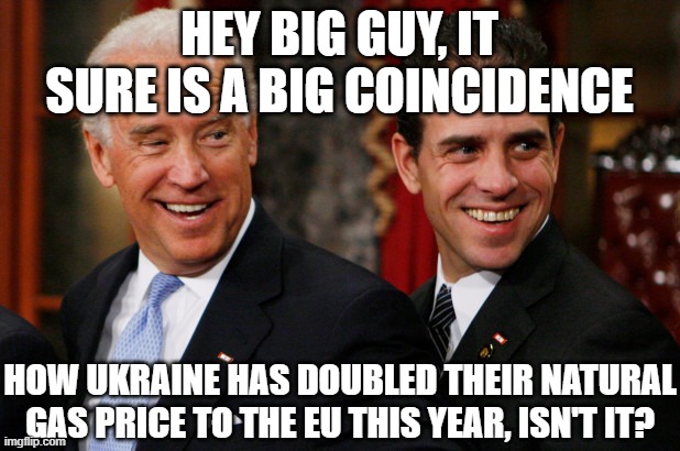 Hunter Biden Crack Head | HEY BIG GUY, IT SURE IS A BIG COINCIDENCE; HOW UKRAINE HAS DOUBLED THEIR NATURAL GAS PRICE TO THE EU THIS YEAR, ISN'T IT? | image tagged in hunter biden crack head | made w/ Imgflip meme maker