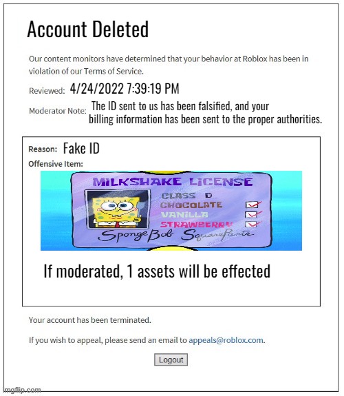Moderation System | Account Deleted; 4/24/2022 7:39:19 PM; The ID sent to us has been falsified, and your billing information has been sent to the proper authorities. Fake ID; If moderated, 1 assets will be effected | image tagged in moderation system | made w/ Imgflip meme maker