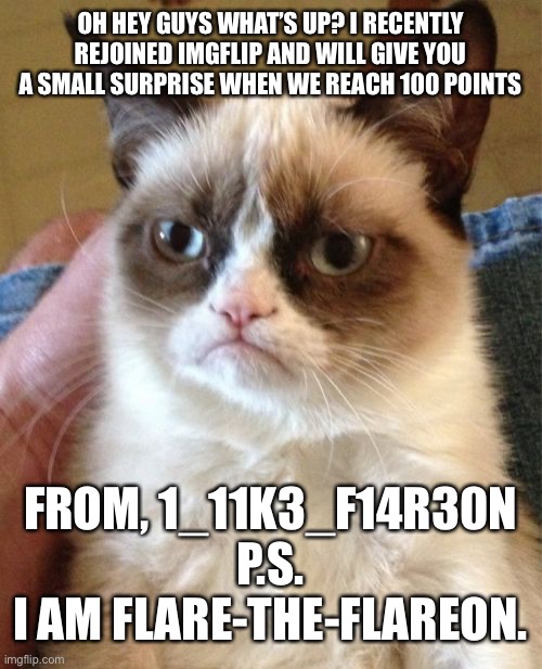 IM BACK GUYS!!! | OH HEY GUYS WHAT’S UP? I RECENTLY REJOINED IMGFLIP AND WILL GIVE YOU A SMALL SURPRISE WHEN WE REACH 100 POINTS; FROM, 1_11K3_F14R30N
P.S.
I AM FLARE-THE-FLAREON. | image tagged in memes,grumpy cat | made w/ Imgflip meme maker