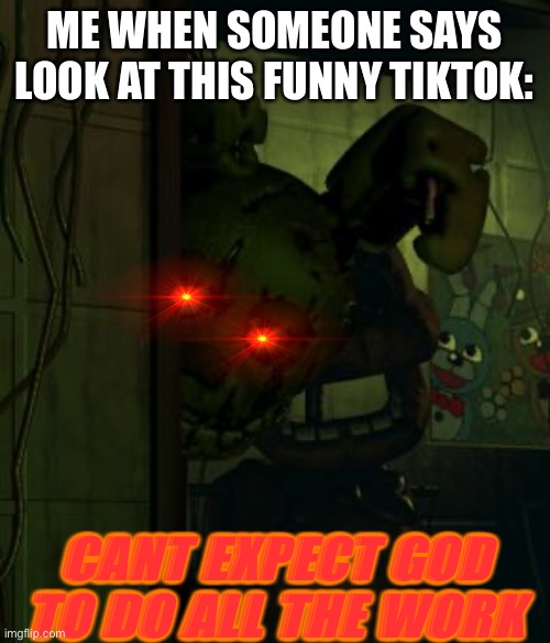 Imma make this a template for no reason | ME WHEN SOMEONE SAYS LOOK AT THIS FUNNY TIKTOK:; CANT EXPECT GOD TO DO ALL THE WORK | image tagged in springtrap in door | made w/ Imgflip meme maker