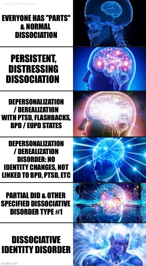 Levels of dissociation and Dissociative Disorders | EVERYONE HAS "PARTS"
& NORMAL 
DISSOCIATION; PERSISTENT, DISTRESSING DISSOCIATION; DEPERSONALIZATION / DEREALIZATION WITH PTSD, FLASHBACKS, BPD / EUPD STATES; DEPERSONALIZATION / DEREALIZATION DISORDER: NO IDENTITY CHANGES, NOT LINKED TO BPD, PTSD, ETC; PARTIAL DID & OTHER 
SPECIFIED DISSOCIATIVE 
DISORDER TYPE #1; DISSOCIATIVE IDENTITY DISORDER | image tagged in 6-tier expanding brain,dissociation,dissociative disorder,dissociative identity disorder,partial did,osdd | made w/ Imgflip meme maker