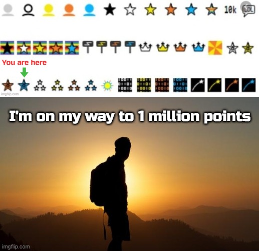You are here; I'm on my way to 1 million points | image tagged in traveler on a pilgrm journey | made w/ Imgflip meme maker