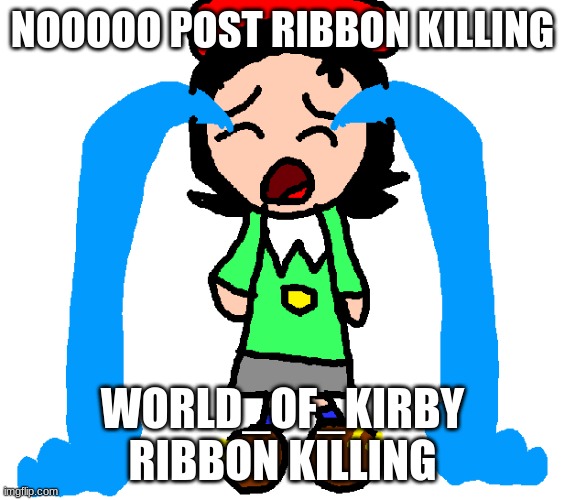 no post ribbon killings | NOOOOO POST RIBBON KILLING; WORLD_OF_KIRBY RIBBON KILLING | image tagged in adeleine crying,yay,kirby,memes,funny | made w/ Imgflip meme maker