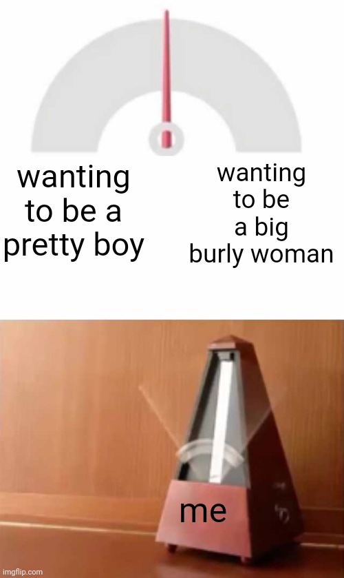 when you are both gender non-conforming and genderfluid | wanting to be a big burly woman; wanting to be a pretty boy; me | image tagged in metronome | made w/ Imgflip meme maker