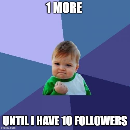 please get me to 10 | 1 MORE; UNTIL I HAVE 10 FOLLOWERS | image tagged in memes,success kid | made w/ Imgflip meme maker