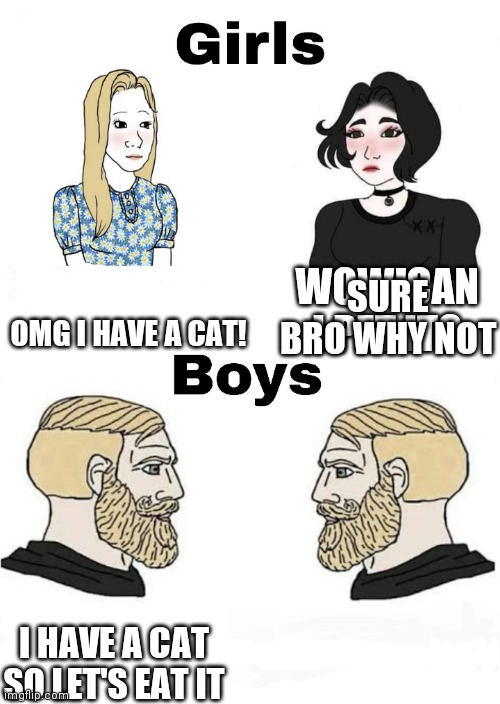 Hahhahhhaha | SURE BRO WHY NOT; OMG I HAVE A CAT! WOW!CAN I PET IT? I HAVE A CAT SO LET'S EAT IT | image tagged in girls vs boys | made w/ Imgflip meme maker