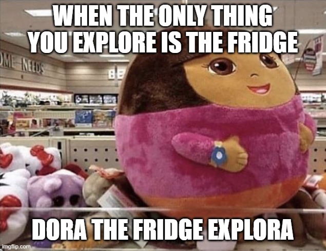 dora the fridge explora | WHEN THE ONLY THING YOU EXPLORE IS THE FRIDGE; DORA THE FRIDGE EXPLORA | image tagged in dora the explorer | made w/ Imgflip meme maker