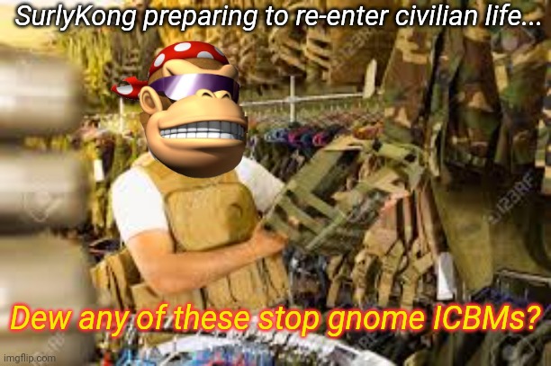 Uh oh... | SurlyKong preparing to re-enter civilian life... Dew any of these stop gnome ICBMs? | image tagged in vote,jemy,for,president | made w/ Imgflip meme maker