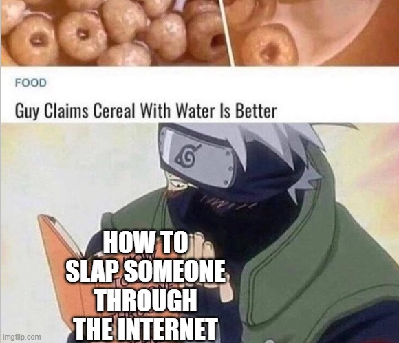 pretty good title right here | HOW TO SLAP SOMEONE THROUGH THE INTERNET | image tagged in how to slap one through the internet,guy says cereal is better with water | made w/ Imgflip meme maker
