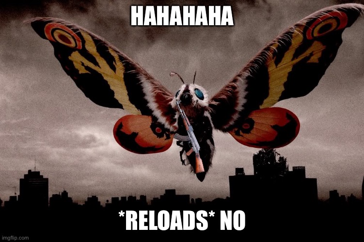 Mothra | HAHAHAHA *RELOADS* NO | image tagged in mothra | made w/ Imgflip meme maker