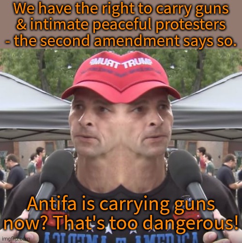*intimidate peaceful protesters | We have the right to carry guns
& intimate peaceful protesters - the second amendment says so. Antifa is carrying guns
now? That's too dangerous! | image tagged in two-faced,contradiction,gun control,how the turntables | made w/ Imgflip meme maker