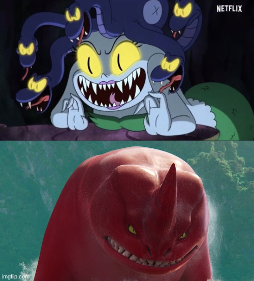 Red (Sea Beast) vs Cala Maria (Who would Win) | image tagged in cuphead,sea beast,who would win,crossover | made w/ Imgflip meme maker