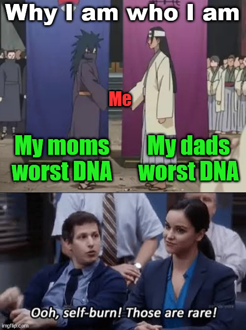 Why I am who I am; Me; My dads
worst DNA; My moms
worst DNA | image tagged in naruto handshake meme template,ooh self-burn those are rare | made w/ Imgflip meme maker