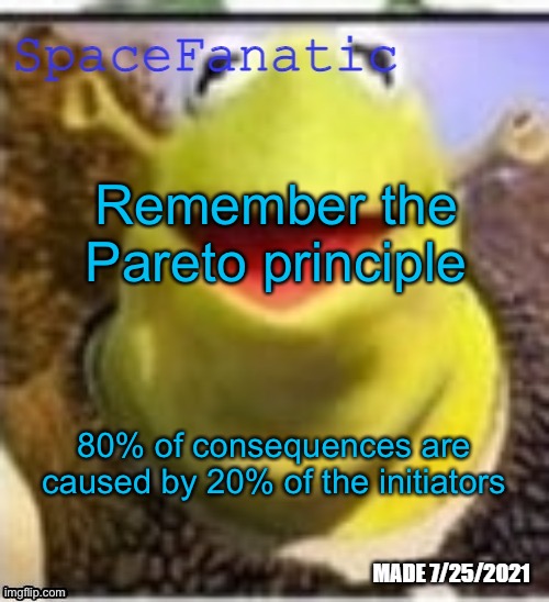 Example: 80% of the posts in MSMG are made by 20% of the users | Remember the Pareto principle; 80% of consequences are caused by 20% of the initiators | image tagged in spacefanatic announcement temp | made w/ Imgflip meme maker