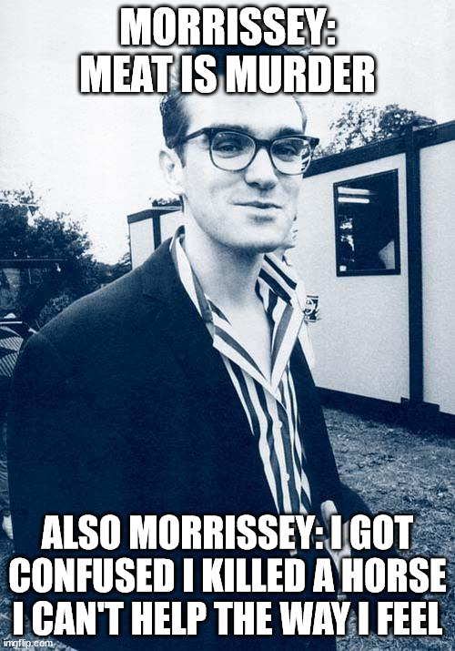 morrissey | MORRISSEY: MEAT IS MURDER; ALSO MORRISSEY: I GOT CONFUSED I KILLED A HORSE I CAN'T HELP THE WAY I FEEL | image tagged in morrissey,thesmiths | made w/ Imgflip meme maker
