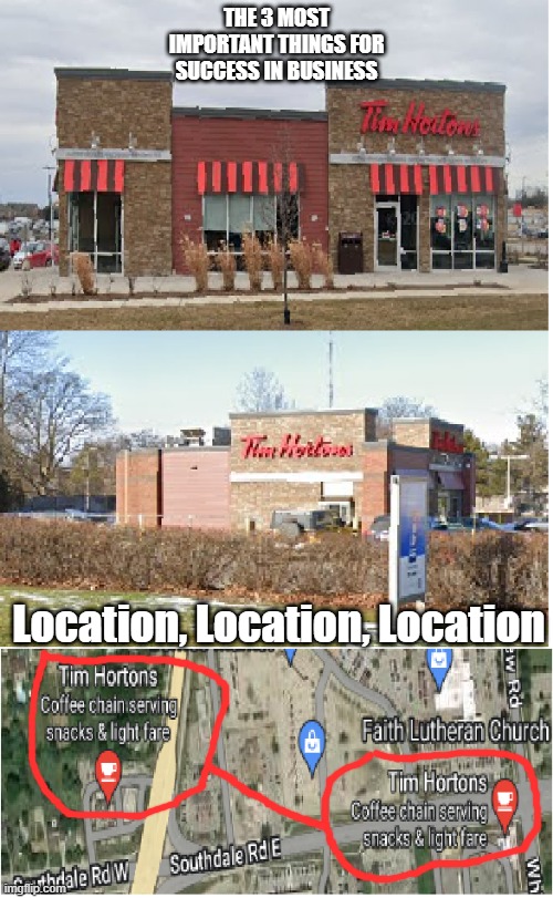 2 coffee plz | THE 3 MOST IMPORTANT THINGS FOR SUCCESS IN BUSINESS; Location, Location, Location | image tagged in tim hortons,short | made w/ Imgflip meme maker
