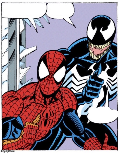 Spider-man and venom thumbs up | image tagged in spider-man and venom thumbs up | made w/ Imgflip meme maker