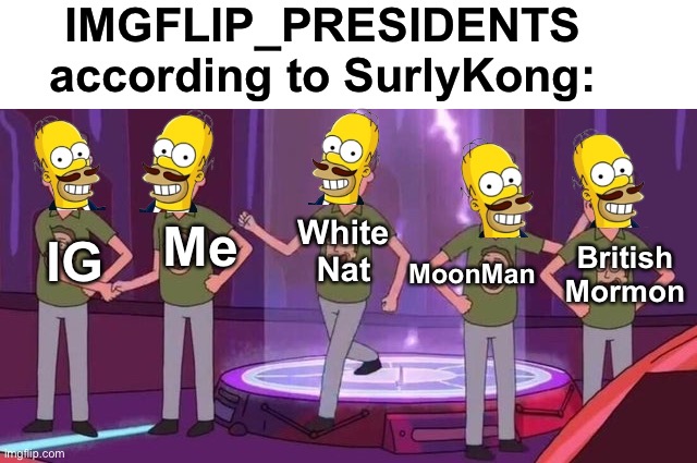 You're IG! You're IG! Everyone's IG! | IMGFLIP_PRESIDENTS according to SurlyKong:; Me; IG; White Nat; MoonMan; British Mormon | image tagged in memes,unfunny | made w/ Imgflip meme maker