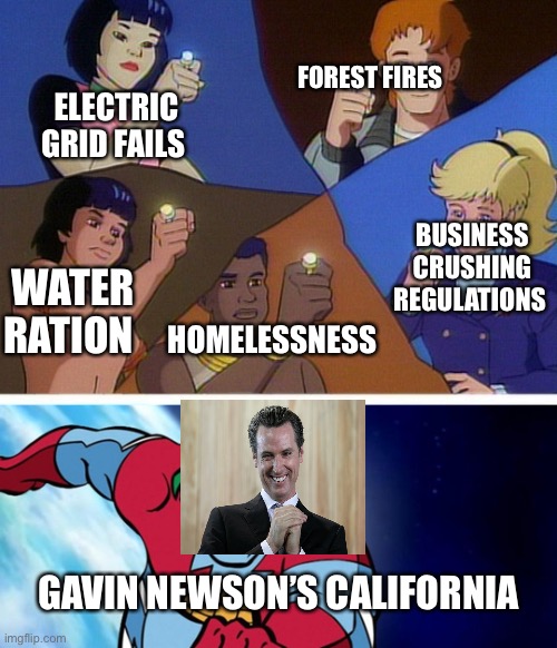Captain planet with everybody | FOREST FIRES; ELECTRIC GRID FAILS; BUSINESS CRUSHING REGULATIONS; WATER RATION; HOMELESSNESS; GAVIN NEWSON’S CALIFORNIA | image tagged in captain planet with everybody | made w/ Imgflip meme maker