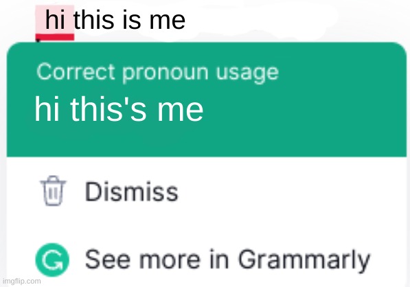 Grammarly be like | hi this is me; hi this's me | image tagged in funny,funny memes,grammarly | made w/ Imgflip meme maker