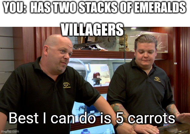 Villagers rip you off | YOU:  HAS TWO STACKS OF EMERALDS; VILLAGERS; Best I can do is 5 carrots | image tagged in pawn stars best i can do,minecraft,minecraft villagers,minecraft memes,carrots,funny | made w/ Imgflip meme maker