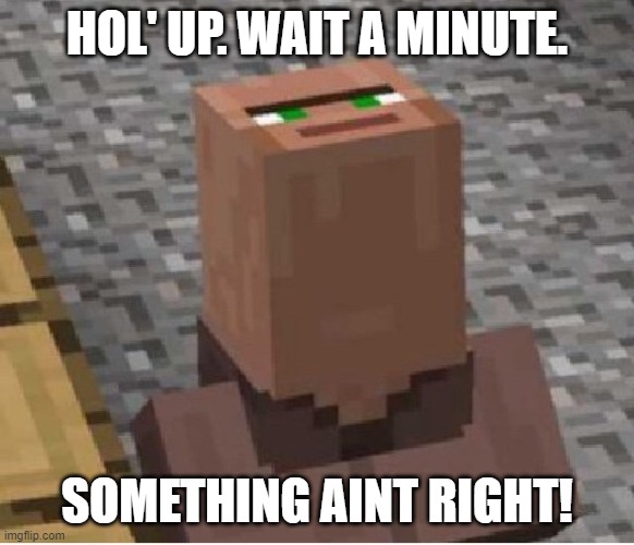 Minecraft Villager Looking Up | HOL' UP. WAIT A MINUTE. SOMETHING AINT RIGHT! | image tagged in minecraft villager looking up | made w/ Imgflip meme maker