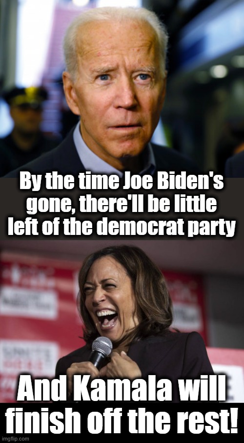 Just finish it already | By the time Joe Biden's gone, there'll be little
left of the democrat party; And Kamala will finish off the rest! | image tagged in joe biden confused,kamala laughing,democrats | made w/ Imgflip meme maker