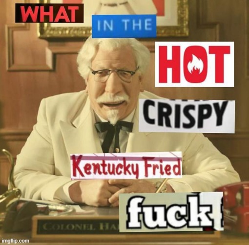 What in the hot crispy Kentucky Fried frick | image tagged in what in the hot crispy kentucky fried frick | made w/ Imgflip meme maker