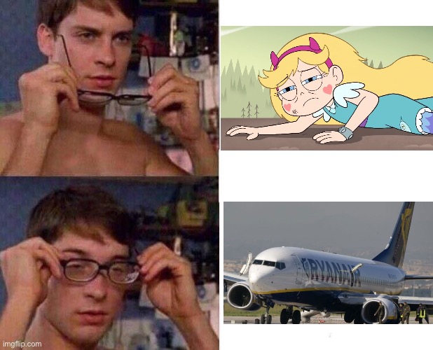 Star vs. The Forces of Evil has Ryanair Reference | image tagged in spiderman glasses,memes,svtfoe,ryanair,aviation,star vs the forces of evil | made w/ Imgflip meme maker